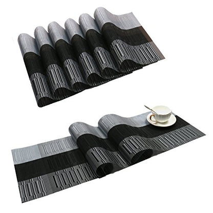 SHACOS Placemats with Table Runner Set of 7 Woven Vinyl Table Mats and Runner for Dining Table Heat Resistant, Ombre Black Gray - color: Ombre Black Gray, size: Placemats and Table Runner Set of 7