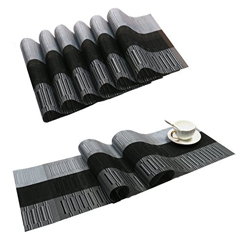SHACOS Placemats with Table Runner Set of 7 Woven Vinyl Table Mats and Runner for Dining Table Heat Resistant, Ombre Black Gray - color: Ombre Black Gray, size: Placemats and Table Runner Set of 7