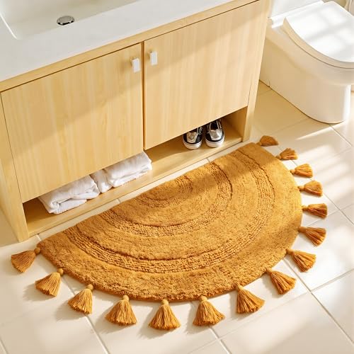KOEXM Half Circle Boho Bathroom Rugs with Tassels 100% Cotton - color: Mustard Yellow, size: 1'10" x 3'1" (Semicircular)