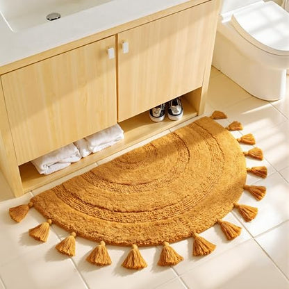 KOEXM Half Circle Boho Bathroom Rugs with Tassels 100% Cotton - color: Mustard Yellow, size: 1'10" x 3'1" (Semicircular)
