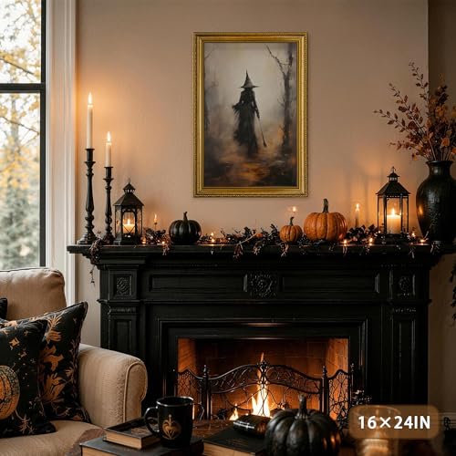 AVECCO Halloween Witch Broomstick Forest Wall Art Canvas Framed 8x10 inch - color: Witch, size: 10"L x 8"W