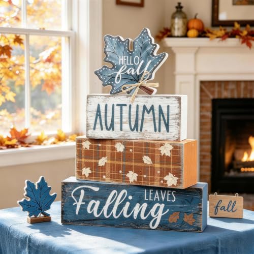 4Pcs Fall Table Decoration Fall Wood Signs Blue Maple Leaves Sign - style: Blue Maple Leaves