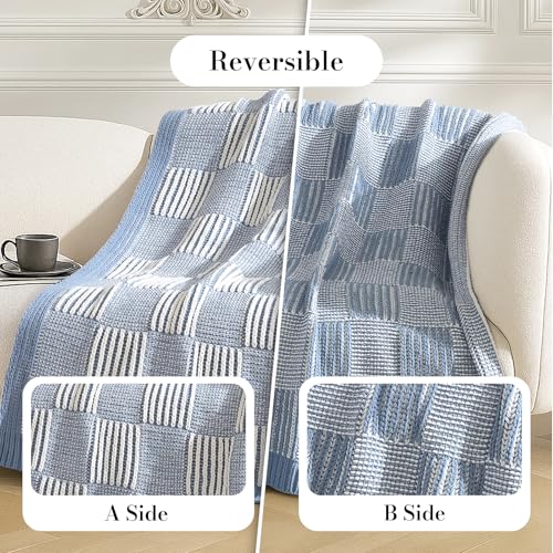 Amélie Home Checkered Knit Throw Blanket for Couch, Blue 50"x60" - color: Checkered Blue, size: 50" X 60"