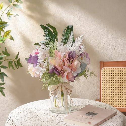 Fake Flowers with Vase, Artificial Pink & Purple Hydrangea Arrangement - color: Purple & Green