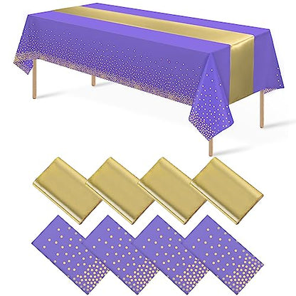 8Pack Disposable Plastic Tablecloths and Satin Table Runner Set Purple and Gold Dot Tablecloth Gold Satin Table Runner for Wedding Birthday Baby Shower Anniversary Christmas New Year Party Supplies - color: Purple and Gold, size: 8 Pack