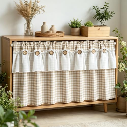 Beige Gingham Checkered Kitchen Short Curtain with Ruffle & Wooden Buttons - size: 55"W x 20"L (Pack of 1)