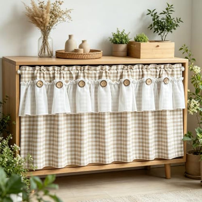 Beige Gingham Checkered Kitchen Short Curtain with Ruffle & Wooden Buttons - size: 55"W x 20"L (Pack of 1)