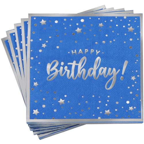 Vuzvuv 52 Pack Happy Birthday Cocktail Napkins with Confetti Silver Stamping - Birthday Party Dinner Hand Napkin for Party Supplies Decorations Table Decor for women man(5" Folded 3 Ply-Blue) - color: Confetti HBD Blue