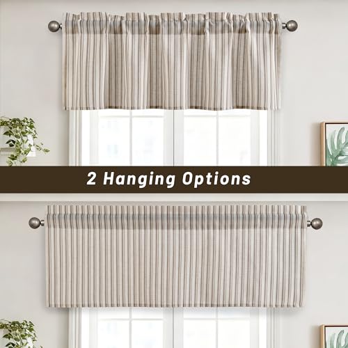 JIUZHEN 52x18 Inch Kitchen Valance - Thick Textured Linen Striped Window Valance Curtain with 3" Rod Pocket, Vertical Striped Brown (1 Panel) - color: Vertical Striped Brown, size: 52"W x 18"L (Pack of 1)