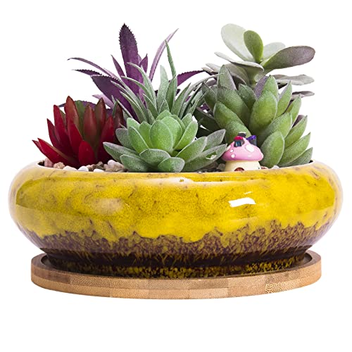 ARTKETTY Succulent Pots, 7.3 Inch Ceramic Bonsai Pots with Drainage Tray - color: Yellow
