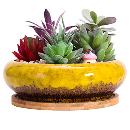 ARTKETTY Succulent Pots, 7.3 Inch Ceramic Bonsai Pots with Drainage Tray - color: Yellow