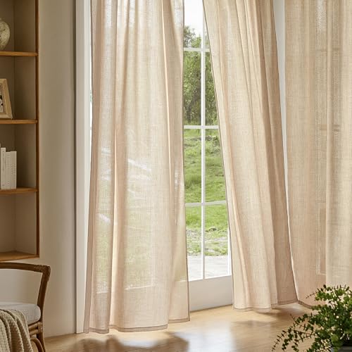 Warm Beige Sheer Linen Curtains for Living Room Bedroom 96 Inches Long - color: Warm Beige, size: 52"W x 96"L (Pack of 2)