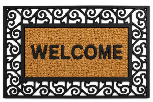 Gardenised Natural Coir and Non-Slip Rubber Doormat with Embossed Welcome Design Coconut Fiber Floor Mat for Front Door Porch Patio Entryway Garage Mudroom & Use 18x30, Warm Welcome