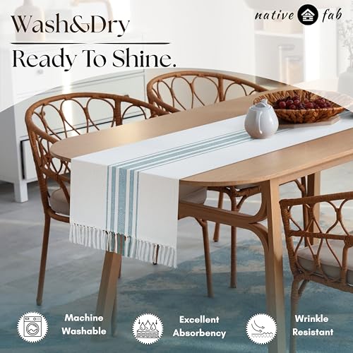 Native Fab Teal Table Runner 108 Inches Long - Boho Stripe Table Covers with Fringes - 100% Cotton, Tight Weave, Nonslip Tablerunner for Dining, Dresser, Wedding, Events - Teal Green (14x108 inches) - color: Green White, size: 14x108
