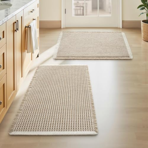 Upgraded Waffle Bath Mat Set of 2 Absorbent Non Slip Bathroom Mat 17" x 24" - color: Brown & Cream, size: 17" x 24" ( 2 PCS )