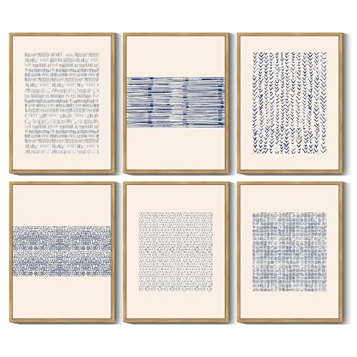 Drsoum Mid-century Boho Geometric Abstract Decor Blue White Grunge Minimalist Bohemian Wall Art Framed Canvas Prints 11"x 14"x 6pcs Natural Framed - color: Blue Bohemain, size: 11''x 14''x 6pcs, Natural Framed