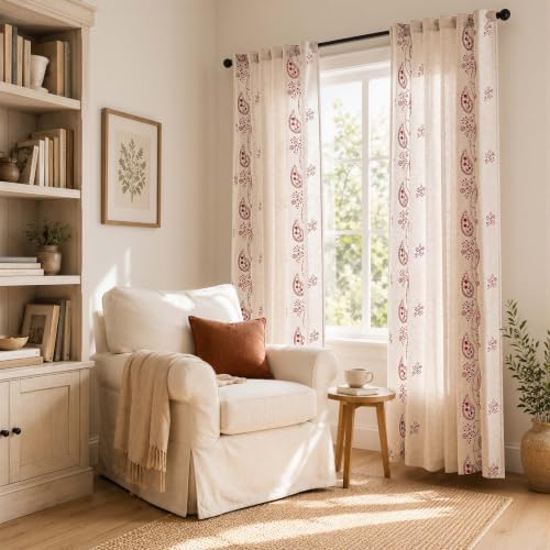 jinchan Linen Curtains 84 Inch Terracotta Floral Drapes Back Tab 2 Panels - color: Terracotta on Beige, size: 50"W x 84"L (Pack of 2)