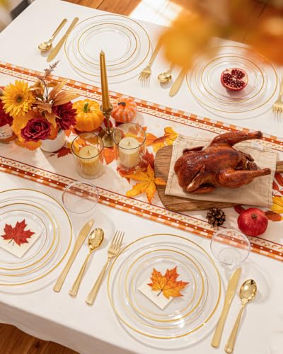 bUCLA 150Pcs Clear Gold Plastic Dinnerware Set - Clear and Gold Disposable Plates Include 25 Dinner / 25 Dessert Plates,25 Knives,25 Forks,25 Spoons,25 Cups for Party - color: Clear Gold