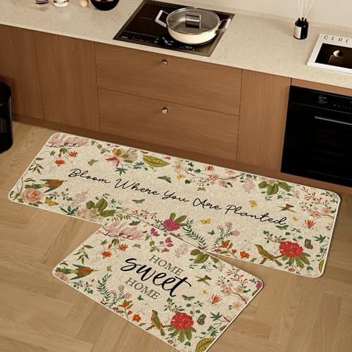 Spring Summer Kitchen Mats Vintage Florals Bird Low Profile Rugs