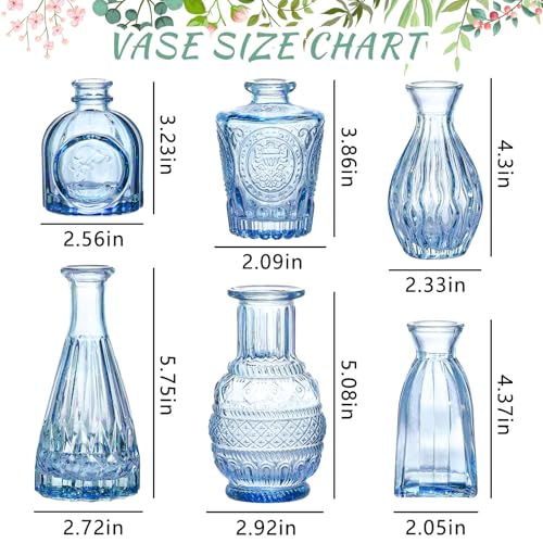SUPMIND Blue Glass Bud Vases Set of 6, Small Flower Vases for Centerpieces - color: Blue