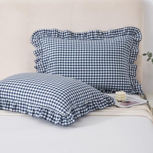 Silnuo Navy Blue/White Gingham Plaid Ruffled Pillow Covers Queen Size - color: Navy Blue Plaid, size: Queen (20" x 30") - Set of 2