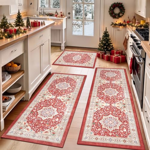 Red Christmas Kitchen Rugs Set of 3 Boho Washable Kitchen Floor Mats - color: Xmas Red, size: 20"x32"+20"x48"+20"x59"