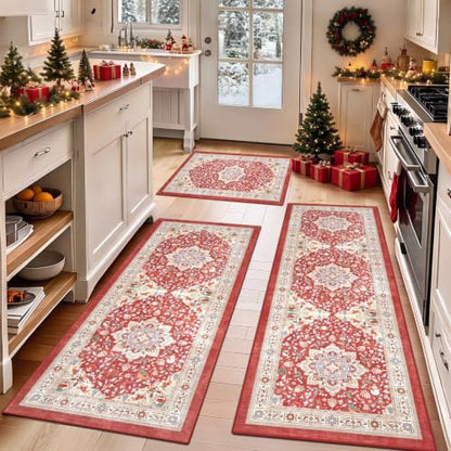 Red Christmas Kitchen Rugs Set of 3 Boho Washable Kitchen Floor Mats - color: Xmas Red, size: 20"x32"+20"x48"+20"x59"