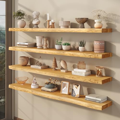 fuqing Live Edge Floating Shelves for Wall, 55 Inch Solid Elm Wood Shelves - color: Natural Elm Live Edge - 8"d, size: 55"L - 1Pack