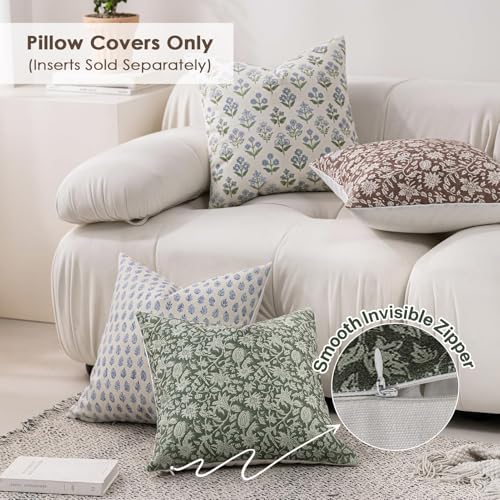 DWR Floral Throw Pillow Covers 16x16 Set of 2, Block Print Decorative Pillow Covers in Soft Taupe, Neutral Faux Linen Cotton Blend, Vintage Look for Couch, Sofa, Bed, Living Room - color: Soft Taupe, size: 16" x 16" (Pack of 2)