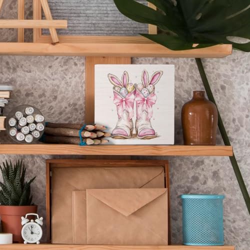 Howdy Pink Western Easter Bunny Eggs Wooden Box Sign, Cowgirl Room Decor, Funny Easter Cowgirl Boots Wood Block Signs for Girls Room Dorm Apartment Desk Table Shelf Decor, 5x5 Inch - color: Western 01