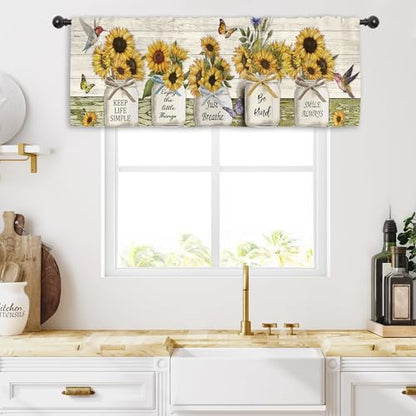 Miyotaa Rustic Farmhouse Sunflower Kitchen Curtain Valance 54W x 18H Rod Pocket Coutry Quotes Inspirational Motivational Positive Wood Wooden Window Treatment for Living Room Bedroom Bathroom - color: White Wood Sunflower, size: 54"W x 18"L (Pack of 1)