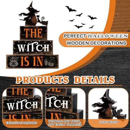 4 Pcs Halloween Witch Table Decor for Home Witch Is in Wooden Block Sign - style: Witch and Black Cat