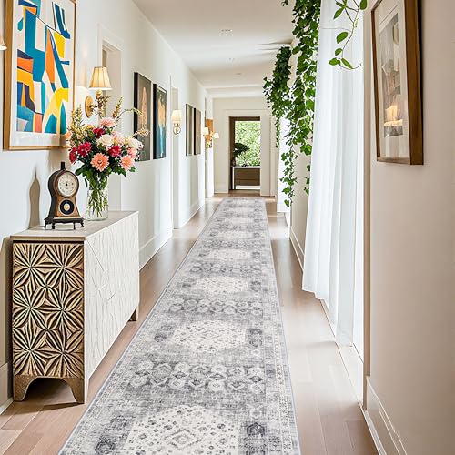 Washable 3x25 Hallway Runner Rug - Extra Long Vintage Non Slip Stain Resistant Rugs for Entryway Hall Kitchen Indoor Soft Living Room Bedroom Carpet Durable Low Pile Home Decor Floor Mat 3'x25' Grey - color: Grey, size: 3' x 25' (Runner)