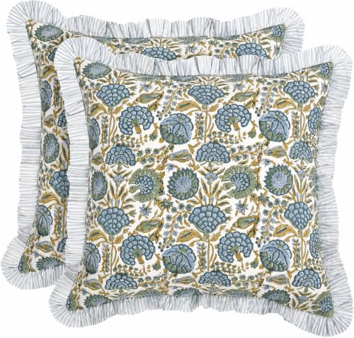 Ridhi Asparagus Green Floral Block Print Throw Pillow Covers 18 x 18 Inch - color: Asparagus Green, size: 18" x 18" (Pack of 2)
