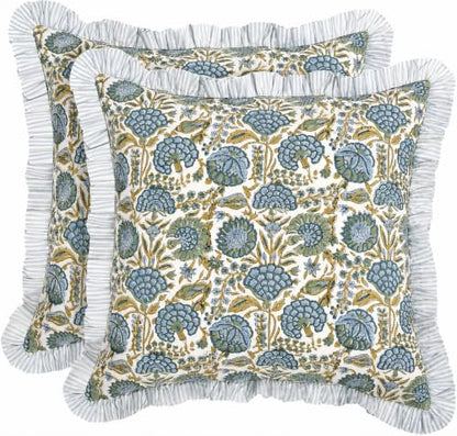 Ridhi Asparagus Green Floral Block Print Throw Pillow Covers 18 x 18 Inch - color: Asparagus Green, size: 18" x 18" (Pack of 2)