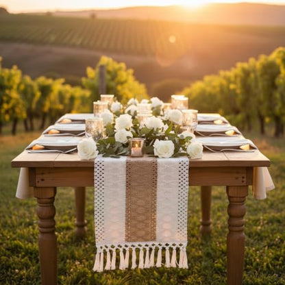 120 inch Boho Table Runner with Tassels Khaki Striped Fall Decor - color: Khaki Stripes