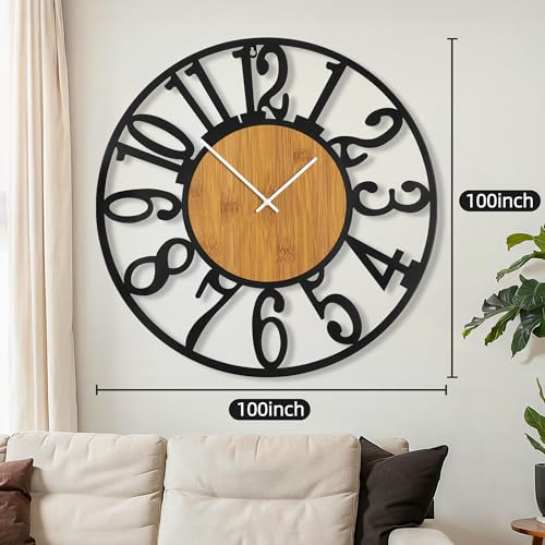 Maxstar Large Round Wall Clock for Living Room Decor Battery Operated Non Ticking Black Metal Wood Clocks for Home Living Room Garden Office Kitchen Decoration -40inch - color: Wood-arabic Numerals, size: 40 Inch