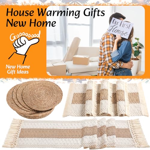Boho Table Runner and Placemats Set, 4 Sets, Brown, 12x72 - color: Brown, size: 12x72"