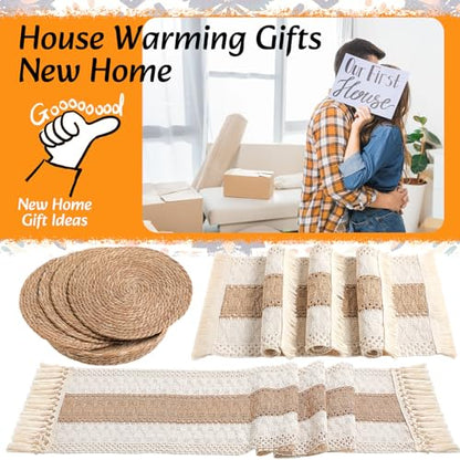 Boho Table Runner and Placemats Set, 4 Sets, Brown, 12x72 - color: Brown, size: 12x72"