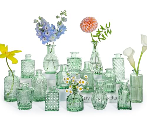 SUPMIND Glass Bud Vase Set, 16pcs Green Small Flower Vases for Centerpieces - color: Green