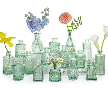 SUPMIND Glass Bud Vase Set, 16pcs Green Small Flower Vases for Centerpieces - color: Green