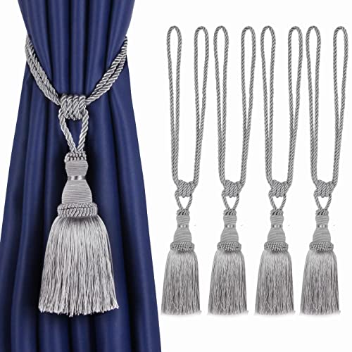 BEL AVENIR 4 Pack Curtain Tiebacks Tassel Drapery Tie-Backs Rope Holdbacks - color: Silver, size: 4 Pack