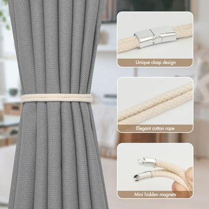NICEEC 2 Pack Natural Cotton Rope Curtain Tiebacks Elegant Boho Style Magnetic Drape Tie Backs Soft Hand-Woven Rope Curtain Holdbacks for Home & Office Drapery (Double Rope-Cotton) - color: Double Rope-cotton, size: 2 Pack