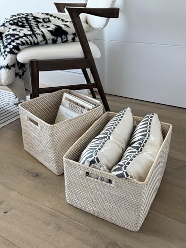 KOUBOO Loma Rectangular Rattan Storage Basket with Handles, White Wash - color: Latte