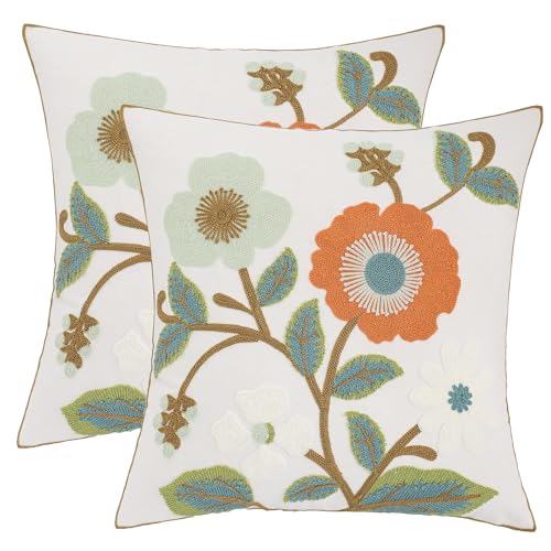 Embroidered Pillow Covers 18x18 inch Pack of 2 Green Orange Flower - color: Orange and Green Flowers
