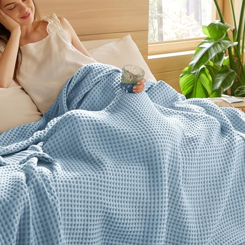 Bedsure Lightweight 100% Cotton Waffle Blanket, Throw XL, Celestial Blue - color: Celestial Blue, size: Throw Xl (50" X 70")