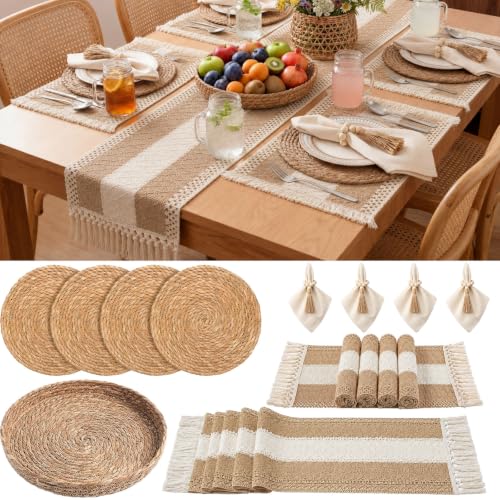 Boho Kitchen Decor Table Runner and Placemats Set, Khaki, 4 Sets, 12x72inch - color: Khaki, size: 12x72''