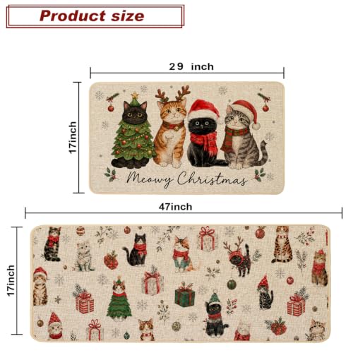 Baccessor Meowy Christmas Kitchen Rugs Set of 2 Cats 17x29 and 17x47 Inch - color: Cute Cats