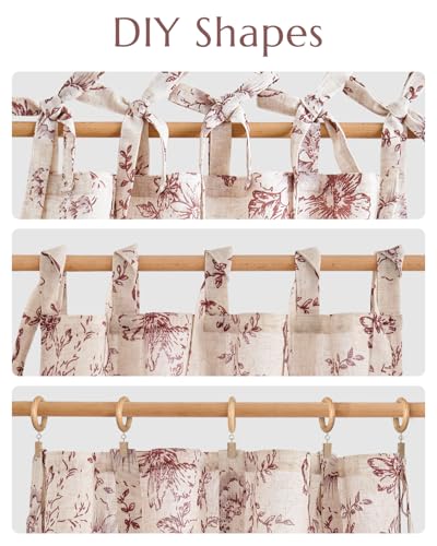 jinchan Red Floral Kitchen Tier Curtains Alice 36 Inches Tie Top 2 Panles - color: Alice Red on Linen, size: 26"W x 36"L (Pack of 2)