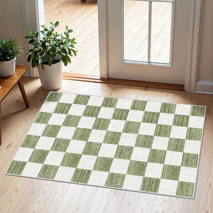 Front Door Mat Outside Entrance 2x3 Green White Checkered Rug - color: Checkered - Green / White, size: 2' x 3' (Rectangular)